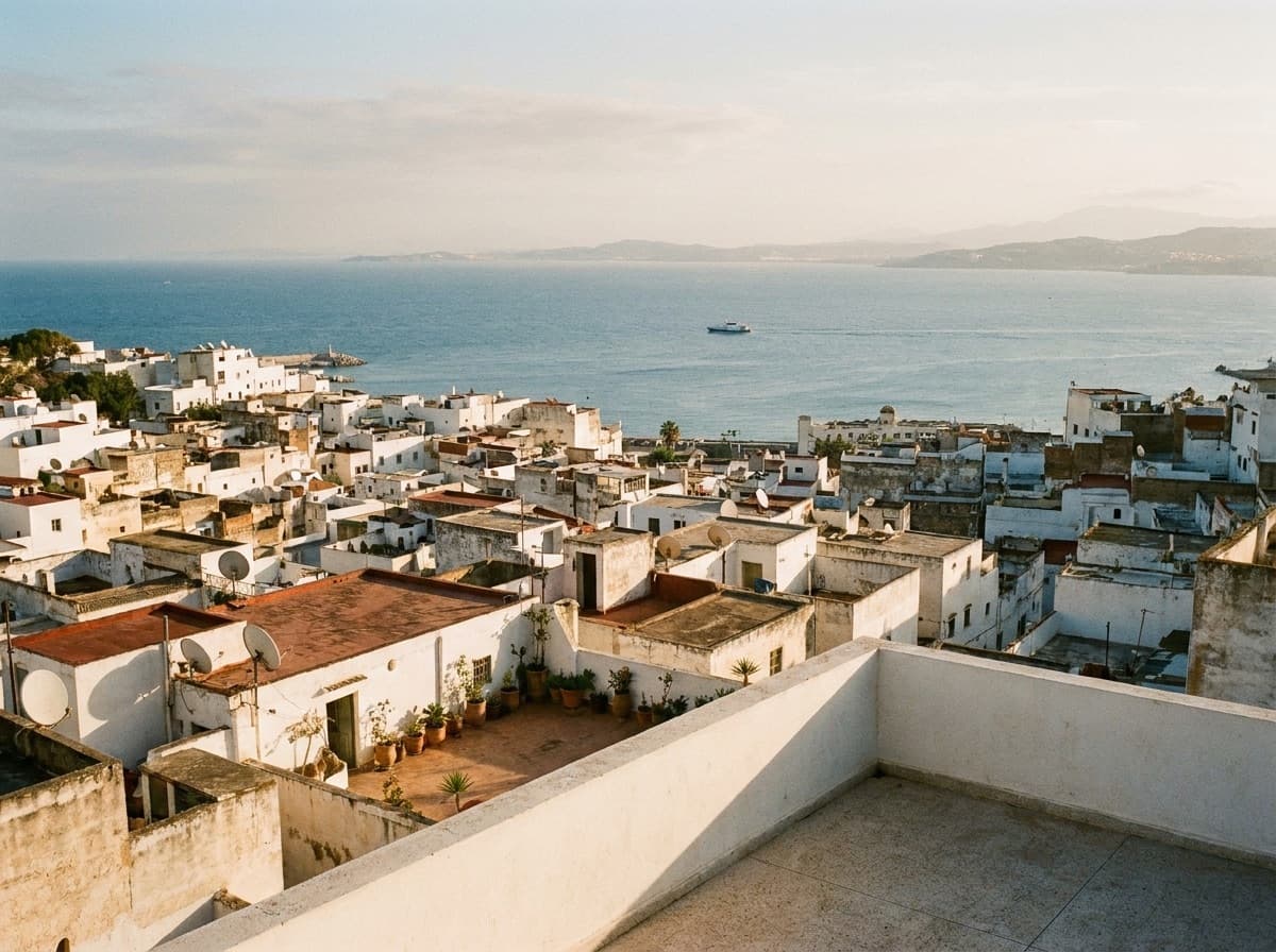 Les toits blancs de la médina de Tanger devant le détroit de Gibraltar, au soleil couchant