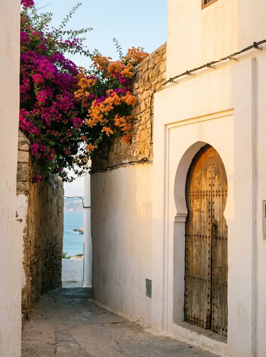 Une ruelle blanchie à la chaux de la kasbah de Tanger, dans la lumière du soir