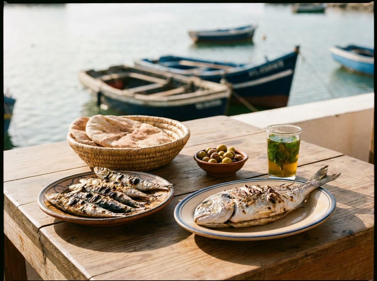 Déjeuner de poisson grillé sur le port d’Assilah