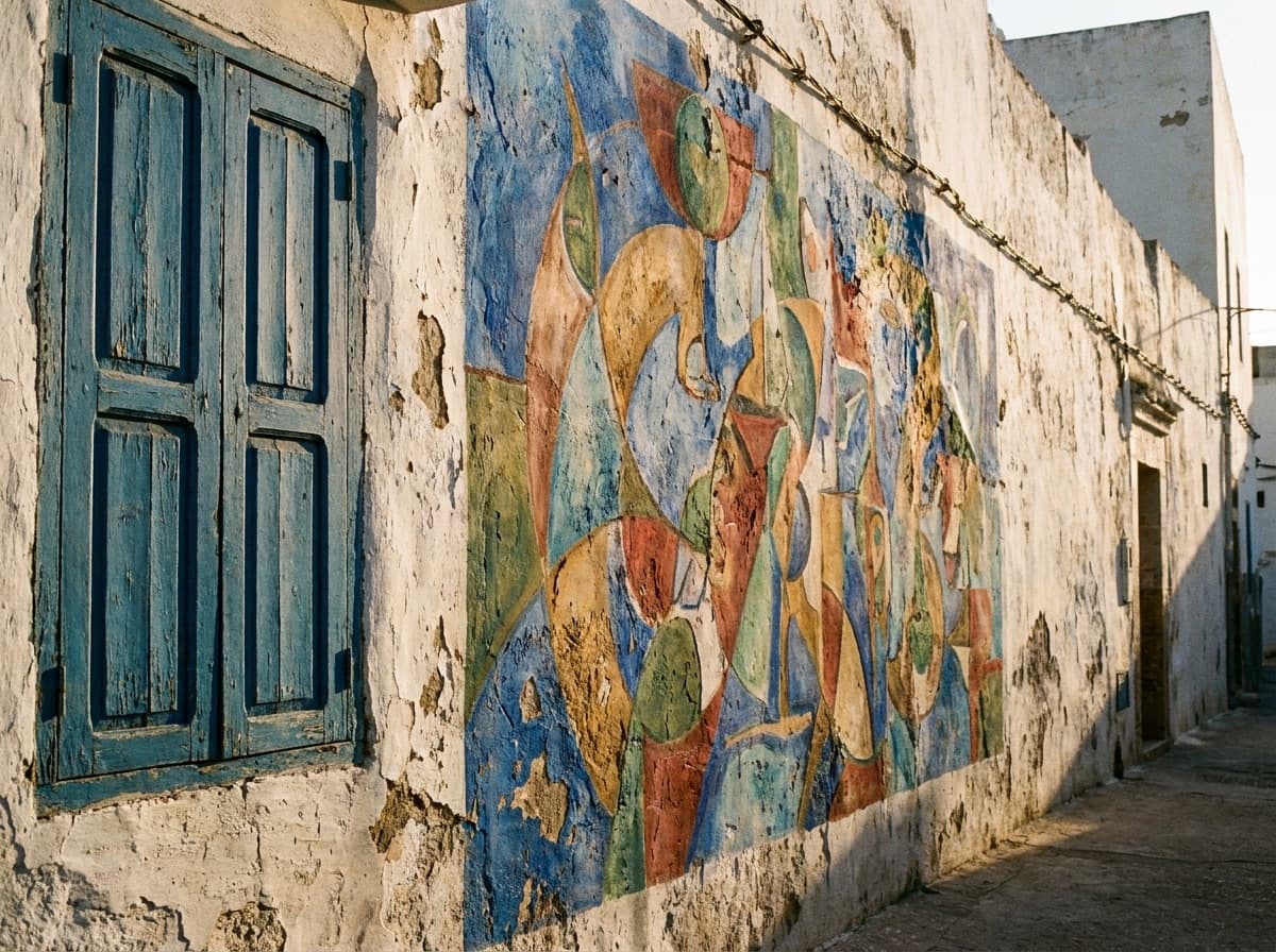 Fresque du Moussem sur un mur blanchi à la chaux
