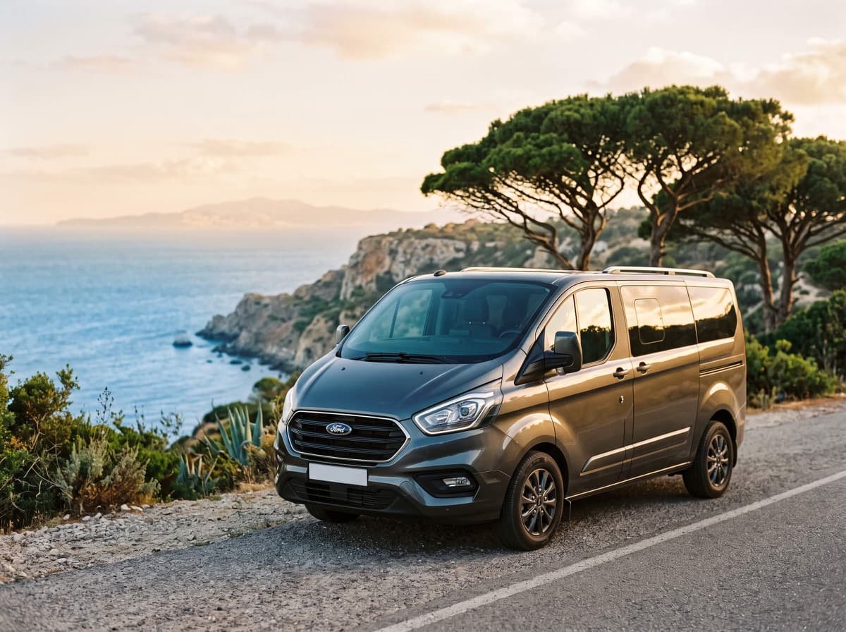 Ford Tourneo Custom on the corniche, the strait behind